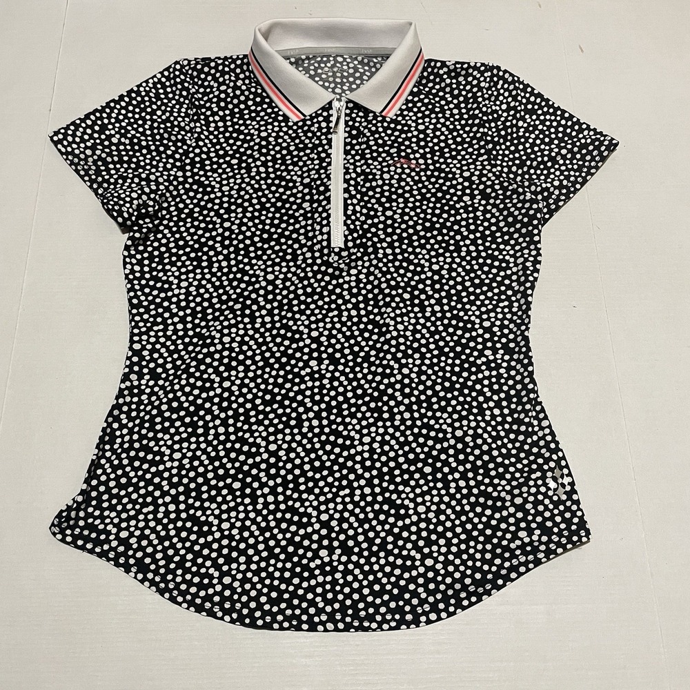 Jofit-Womens Collared 1/4 Zip Black White Polka Dot Top Pullover Size Small Golf
